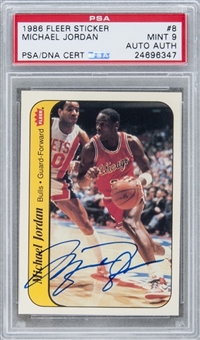 1986/87 Fleer Sticker #8 Michael Jordan Signed Rookie Card – PSA/DNA MINT 9 (1 of 3, NONE Higher!)